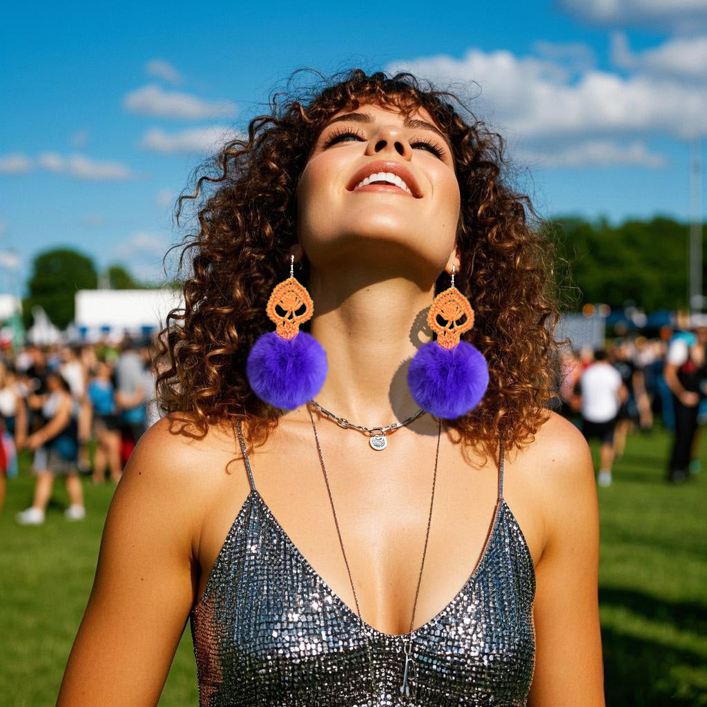 Handmade Multicolor Crochet Flower & Soft Pink Furry Pom - Pom Dangle Earrings