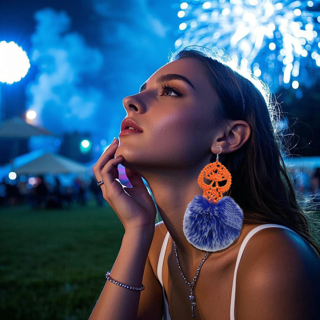 Handmade Crochet Skull Dangle Earrings with Blue Furry Pom - Poms