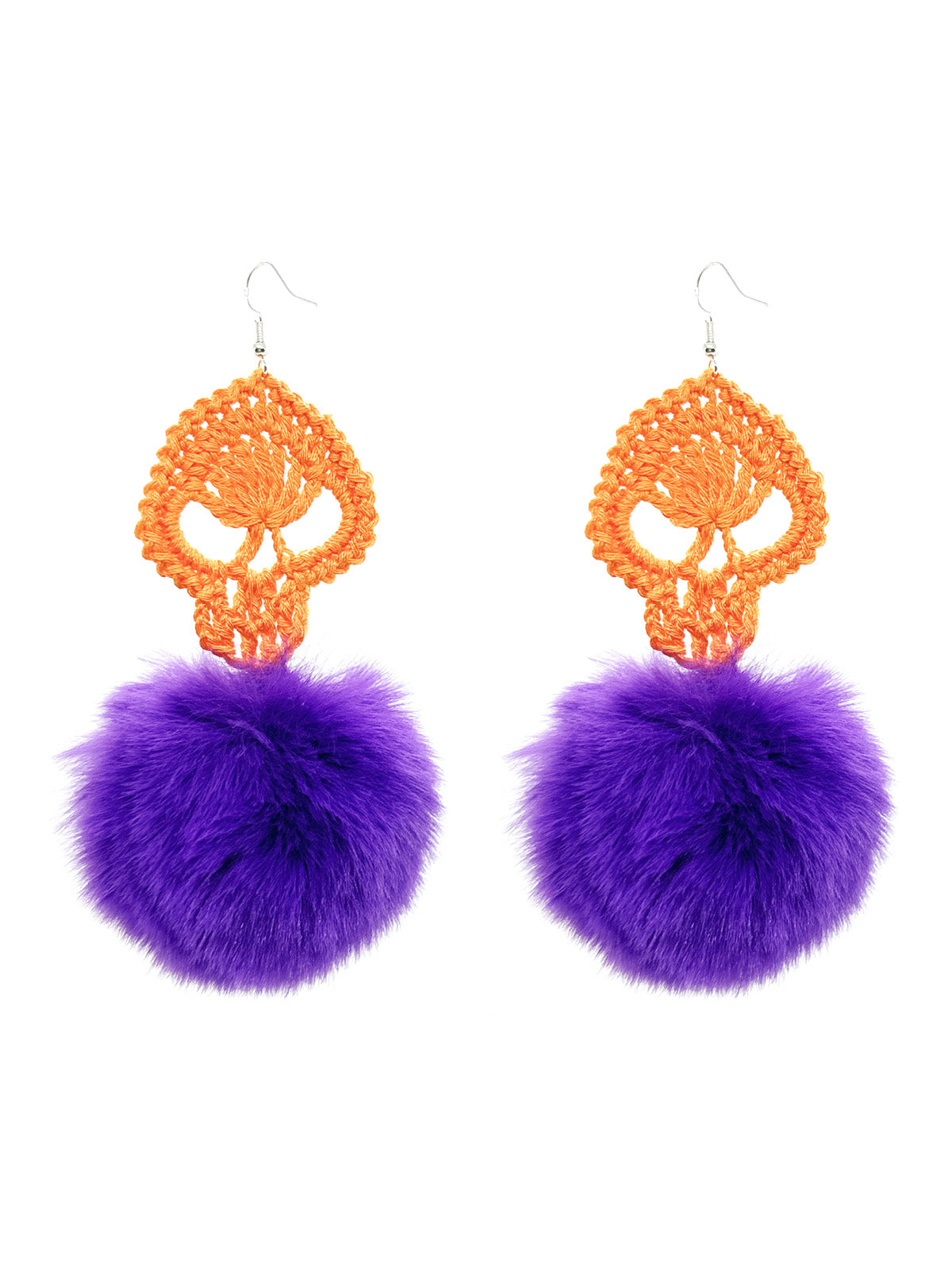 Handmade Multicolor Crochet Flower & Soft Pink Furry Pom - Pom Dangle Earrings