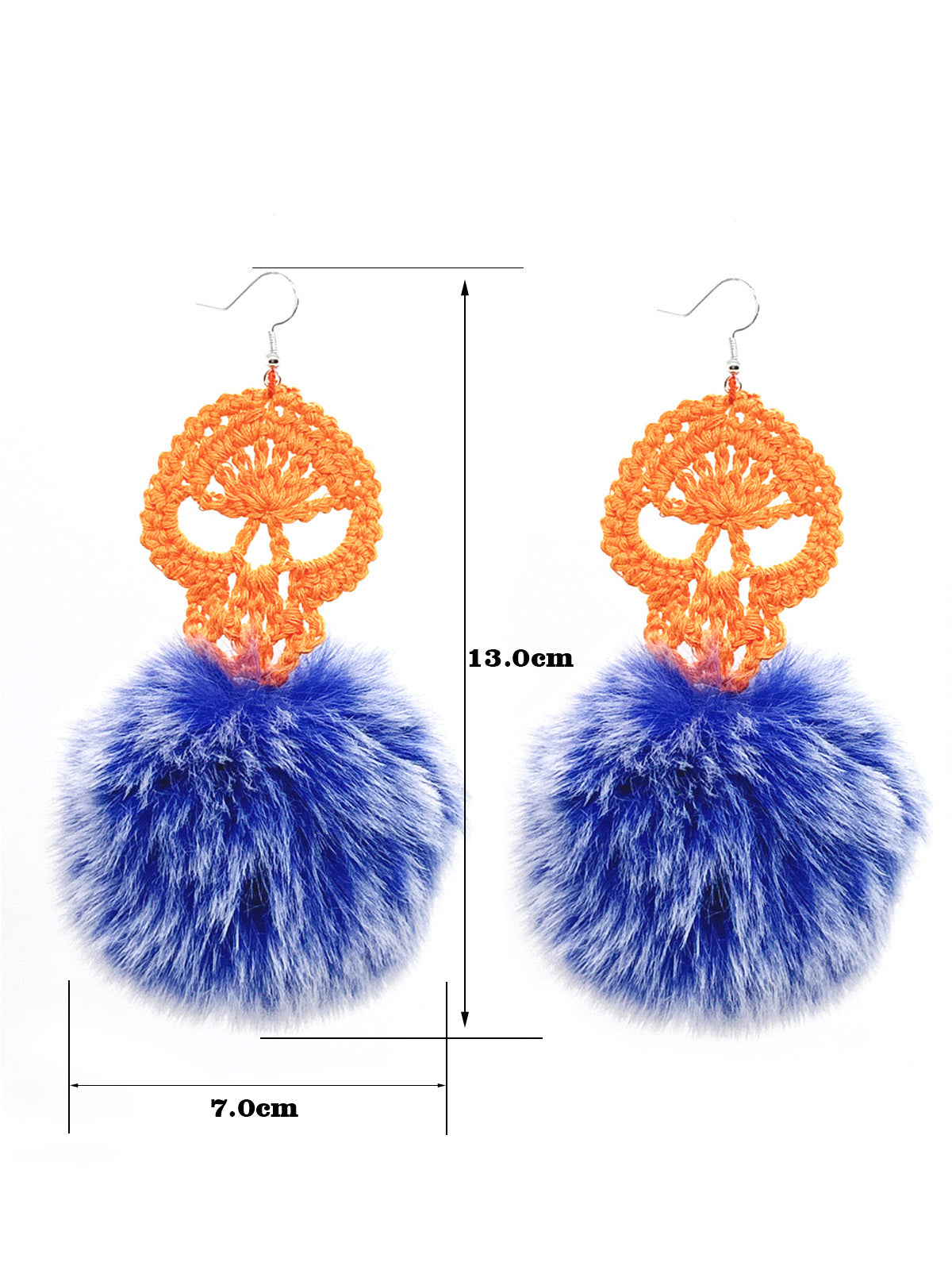 Handmade Crochet Skull Dangle Earrings with Blue Furry Pom - Poms