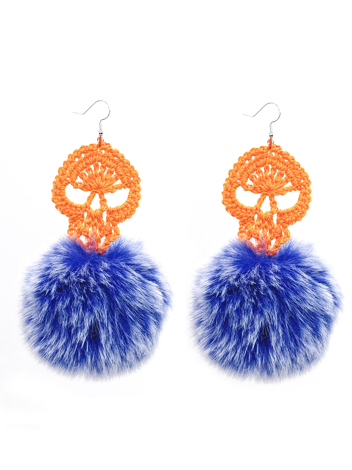 Handmade Crochet Skull Dangle Earrings with Blue Furry Pom - Poms