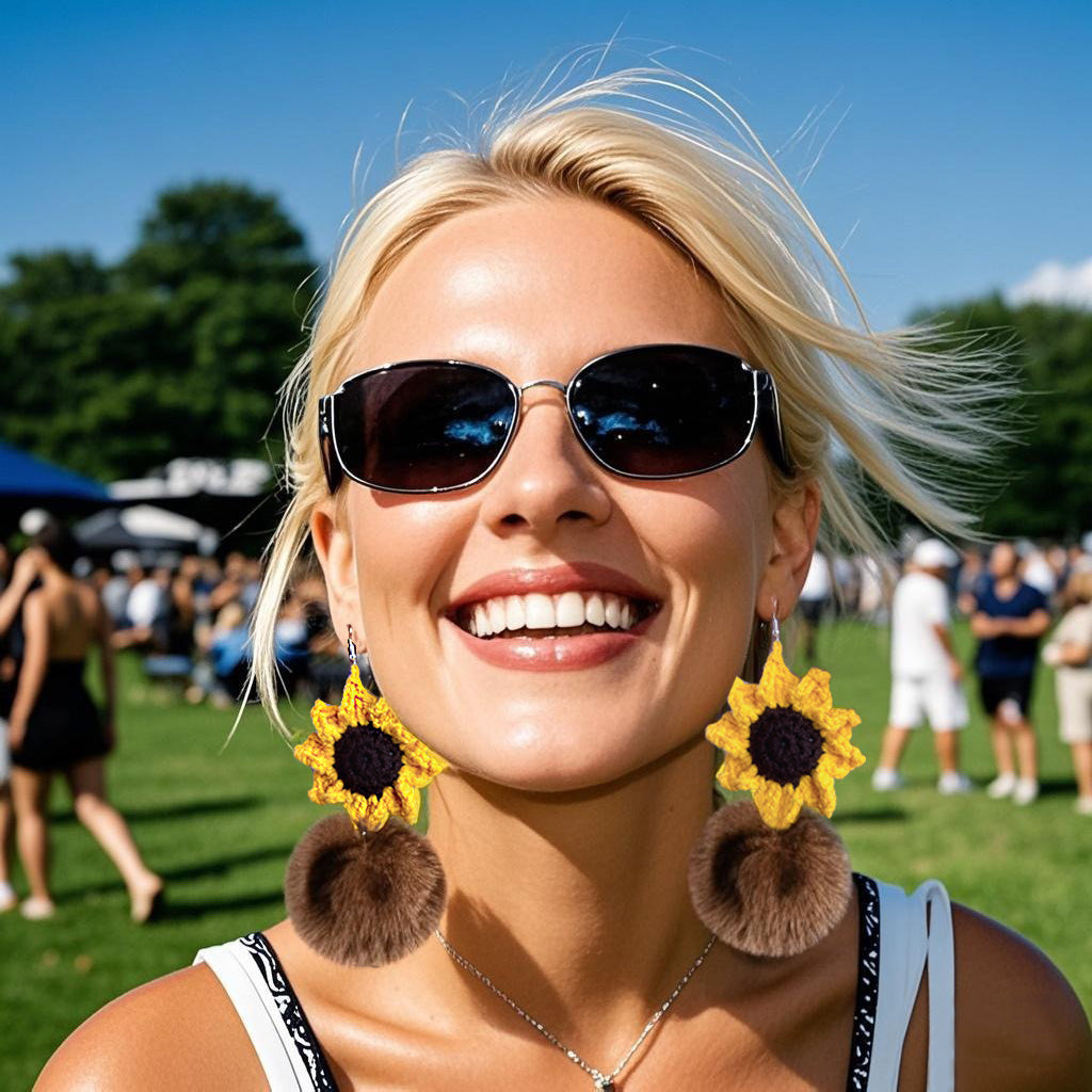 Handmade Crochet Sunflower Dangle Earrings with Brown & Black Furry Pom - Poms