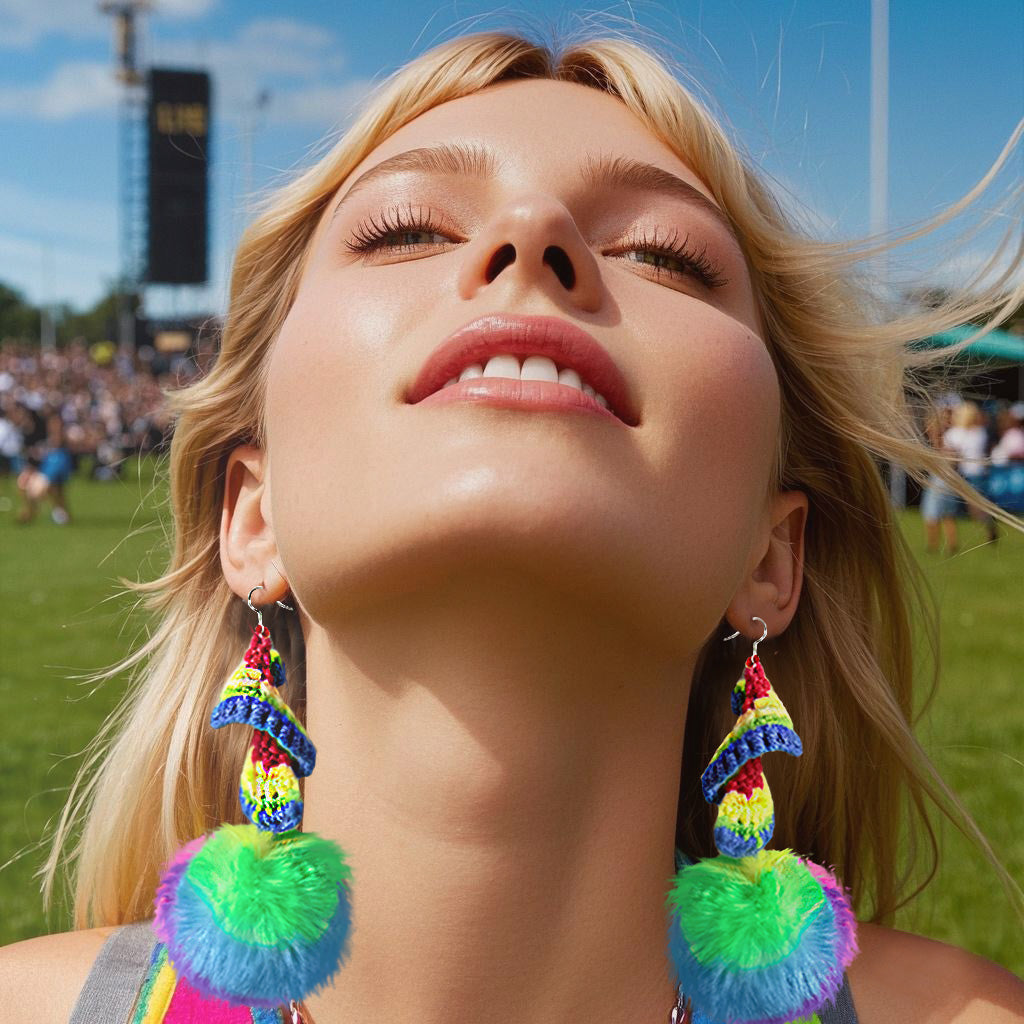 Rainbow Crochet Spiral & Multicolor Furry Pom - Pom Dangle Earrings for Fashion - Forward Women