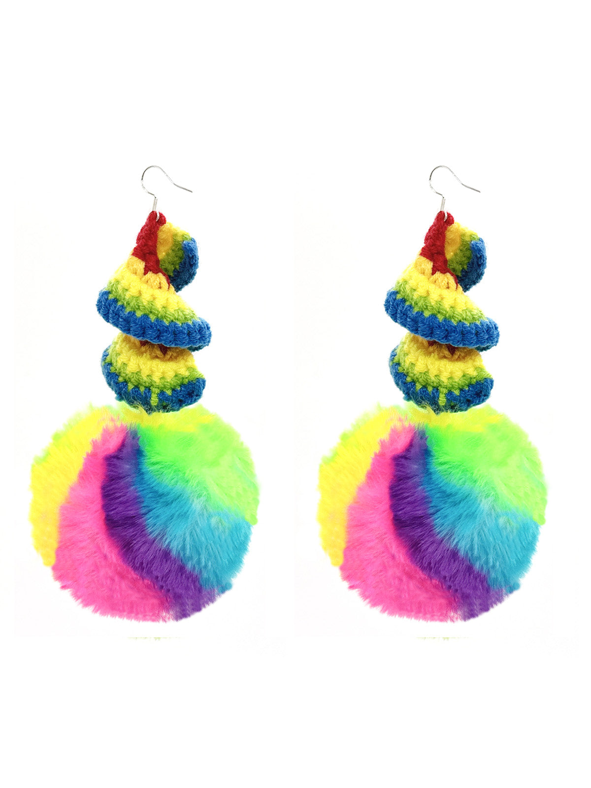 Rainbow Crochet Spiral & Multicolor Furry Pom - Pom Dangle Earrings for Fashion - Forward Women