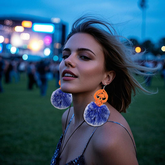 Handmade Crochet Skull Dangle Earrings with Blue Furry Pom - Poms