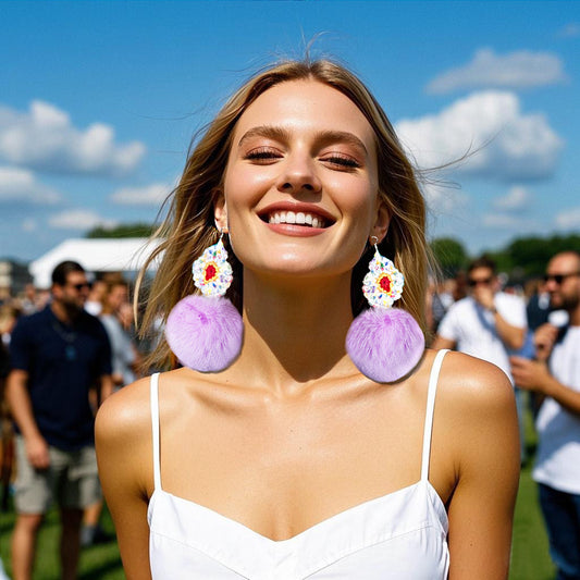 Handmade Multicolor Crochet Flower & Lavender Furry Pom - Pom Dangle Earrings