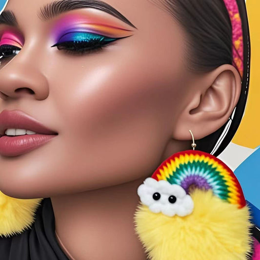 Handmade Crochet Rainbow & Yellow Furry Pom - Pom Dangle Earrings with Cute Cloud Details
