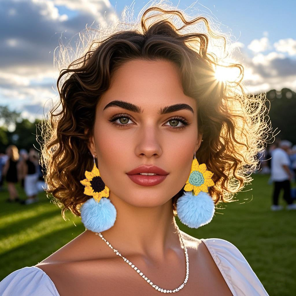 Handmade Crochet Sunflower & Pastel Blue Furry Pom - Pom Dangle Earrings for Women