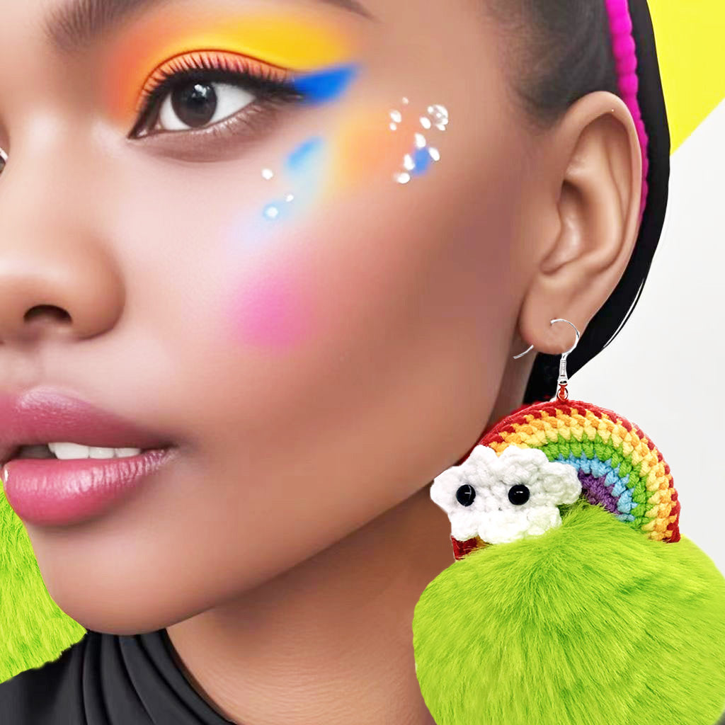 Handmade Crochet Rainbow & Neon Green Furry Pom - Pom Dangle Earrings with Cloud Accents