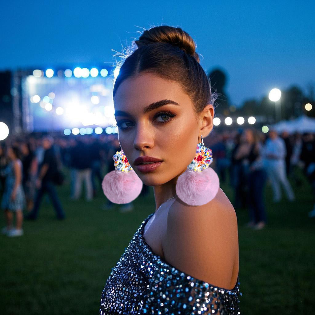 Handmade Multicolor Crochet Flower & Soft Pink Furry Pom - Pom Dangle Earrings