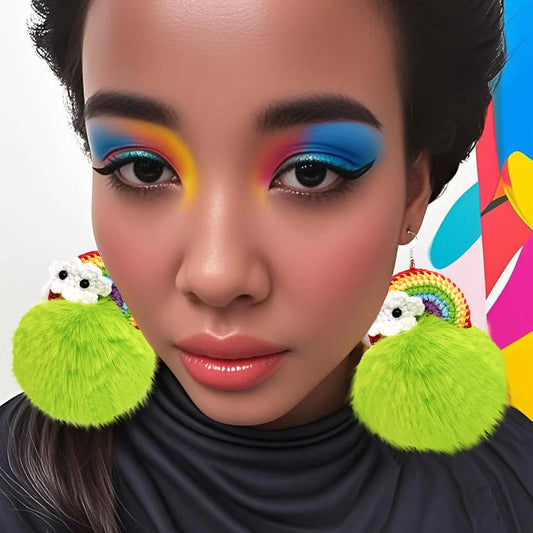 Handmade Crochet Rainbow & Neon Green Furry Pom - Pom Dangle Earrings with Cloud Accents