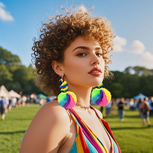 Rainbow Crochet Spiral & Multicolor Furry Pom - Pom Dangle Earrings for Fashion - Forward Women