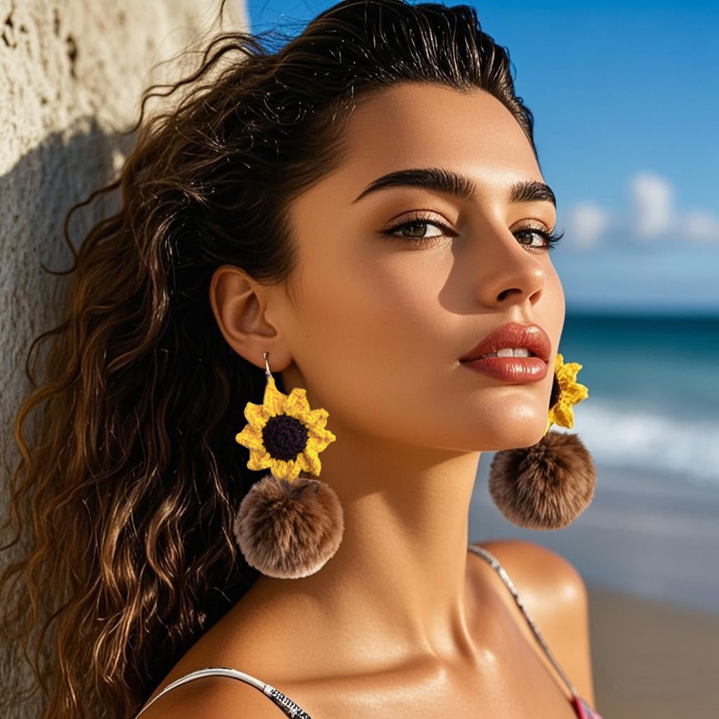 Handmade Crochet Sunflower Dangle Earrings with Brown & Black Furry Pom - Poms