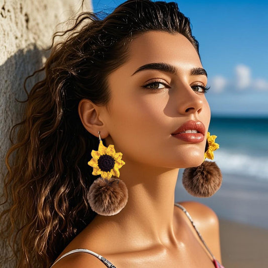 Handmade Crochet Sunflower Dangle Earrings with Brown & Black Furry Pom - Poms