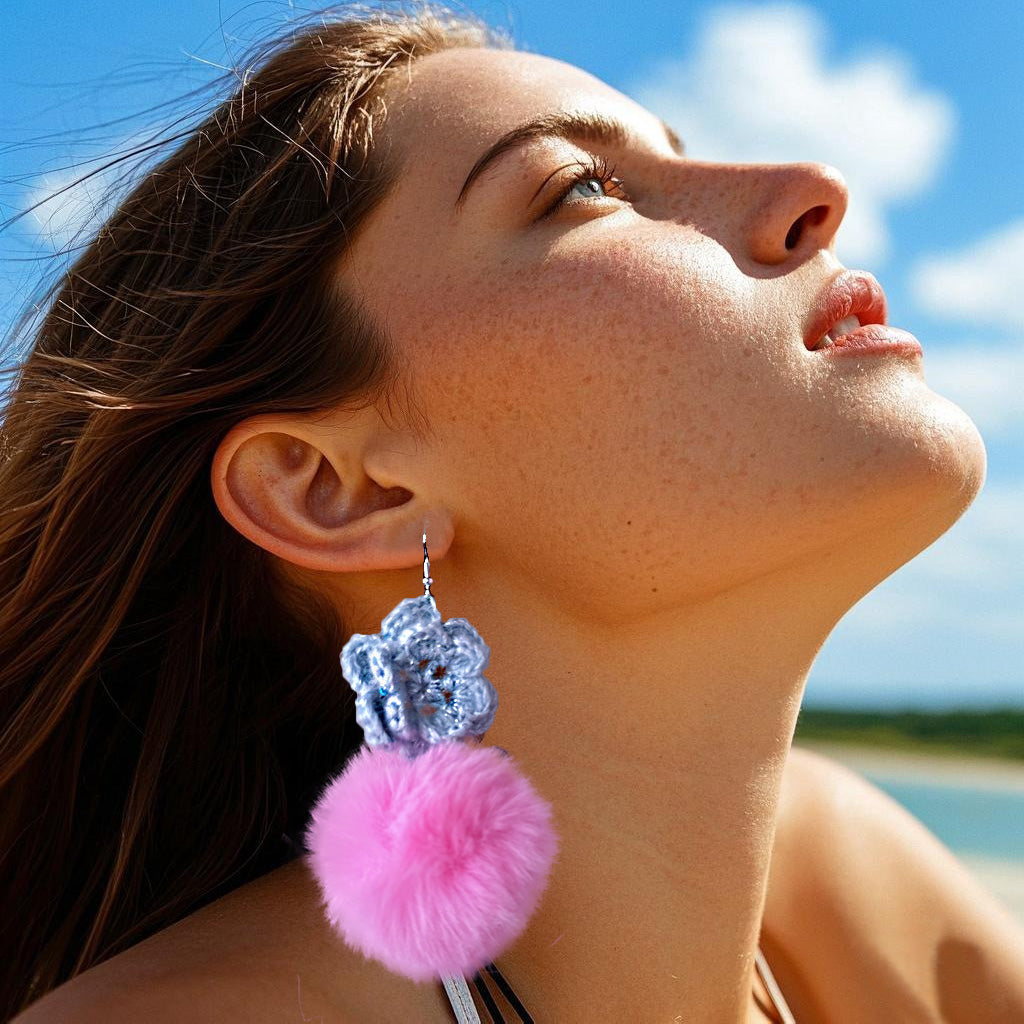 Handmade Crochet Blue Flower & Pink Furry Pom - Pom Dangle Earrings for Women