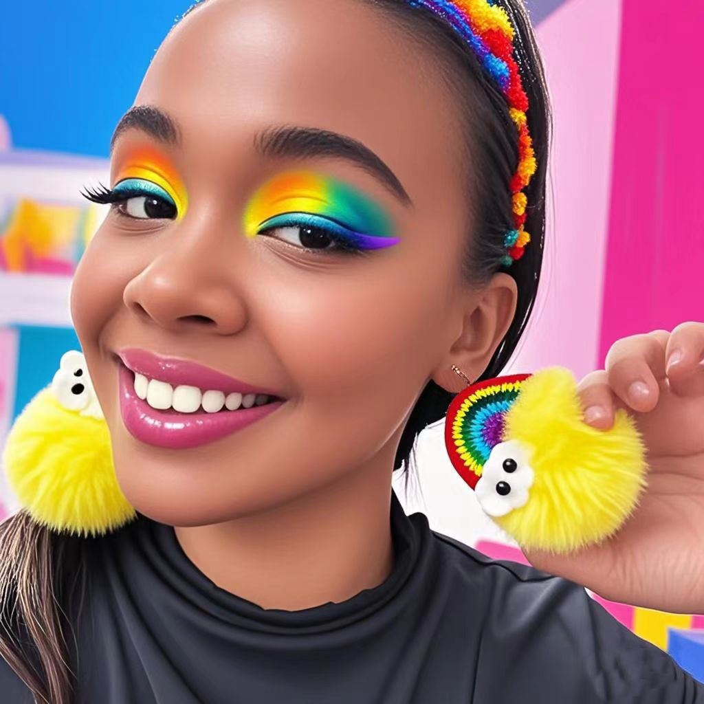 Handmade Crochet Rainbow & Yellow Furry Pom - Pom Dangle Earrings with Cute Cloud Details