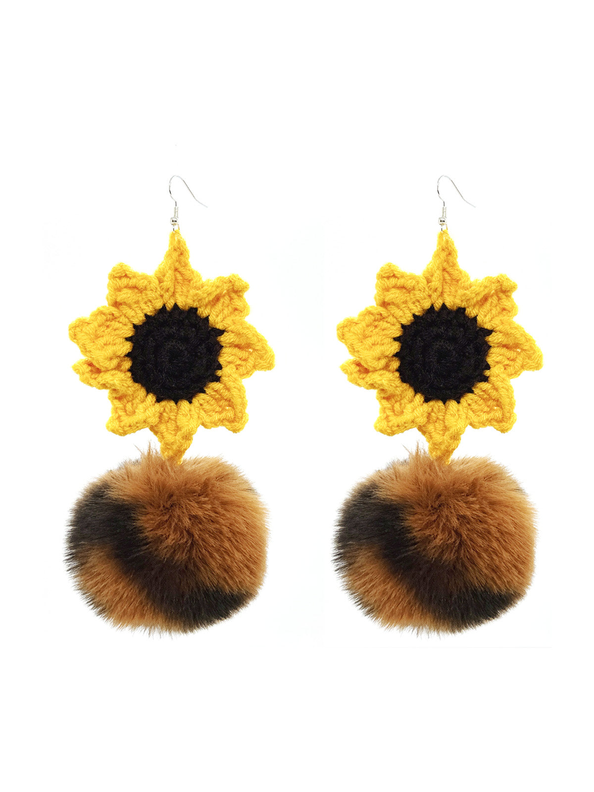 Handmade Crochet Sunflower Dangle Earrings with Brown & Black Furry Pom - Poms
