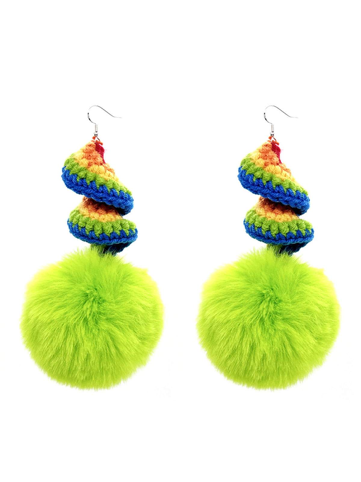 Vibrant Crochet Spiral & Neon Green Furry Pom - Pom Dangle Earrings for Trendy Women