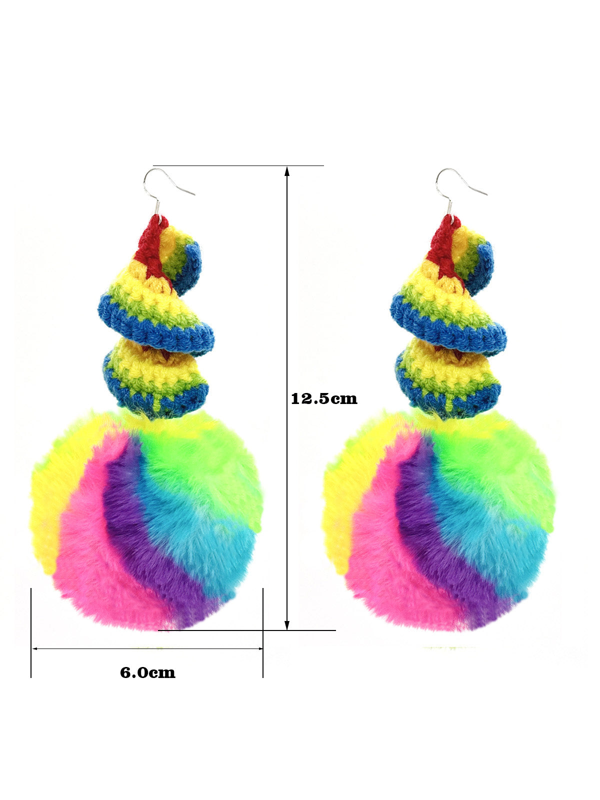 Rainbow Crochet Spiral & Multicolor Furry Pom - Pom Dangle Earrings for Fashion - Forward Women