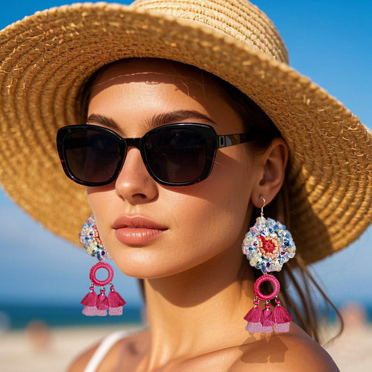 Handmade Multicolor Crochet Flower Dangle Earrings with Pink Tassels