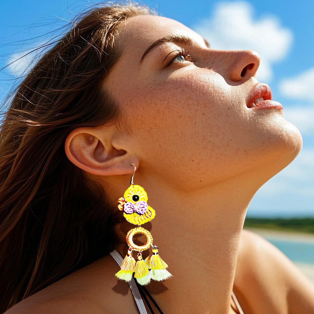 Handmade Crochet Duck Dangle Earrings with Gold Ring and Colorful Tassels