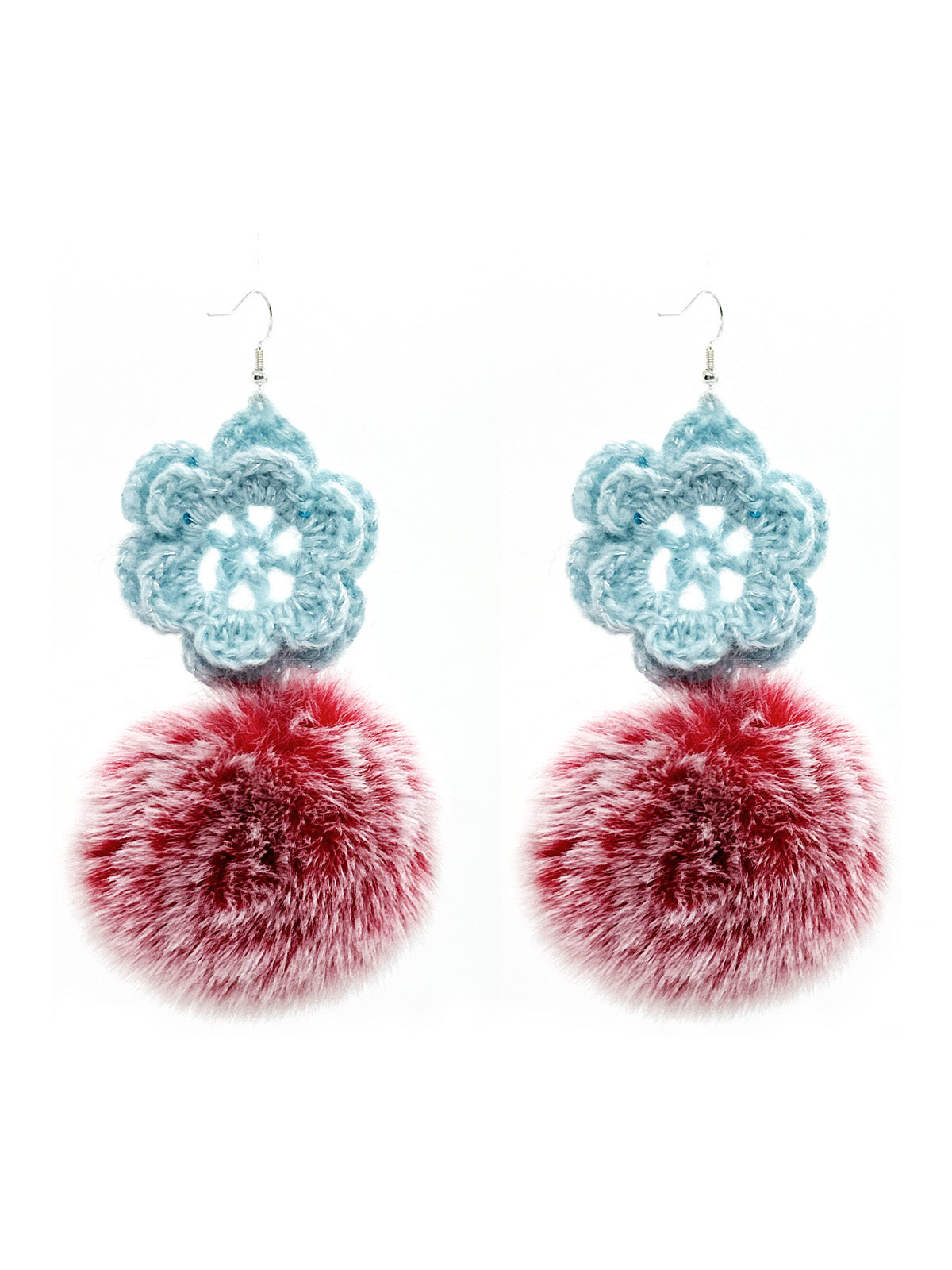 Handmade Crochet Blue Flower & Red Furry Pom - Pom Dangle Earrings for Women