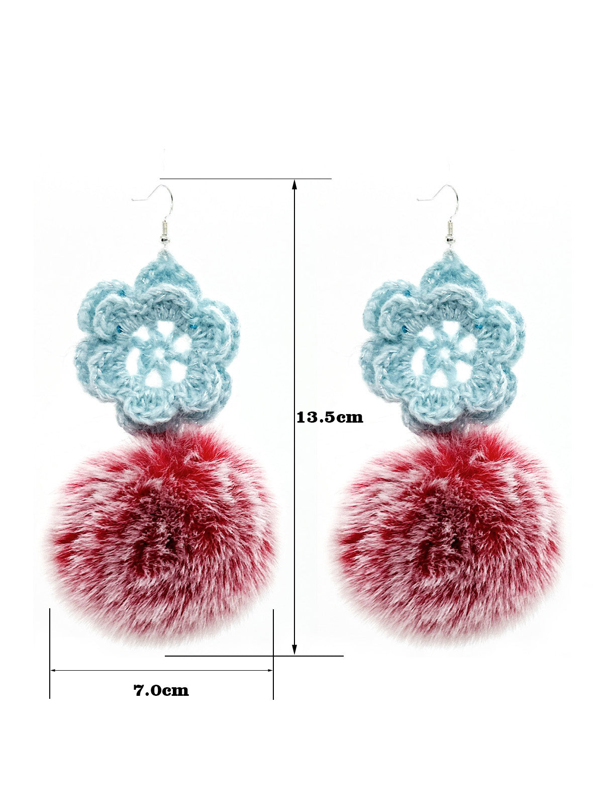 Handmade Crochet Blue Flower & Red Furry Pom - Pom Dangle Earrings for Women