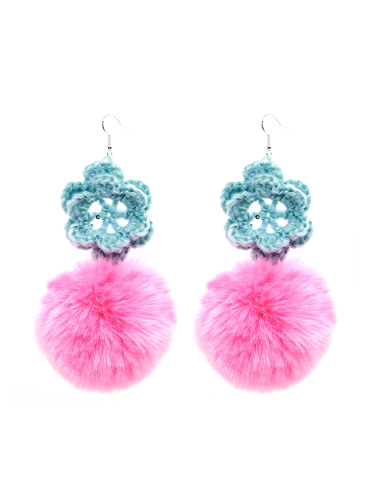 Handmade Crochet Blue Flower & Pink Furry Pom - Pom Dangle Earrings for Women
