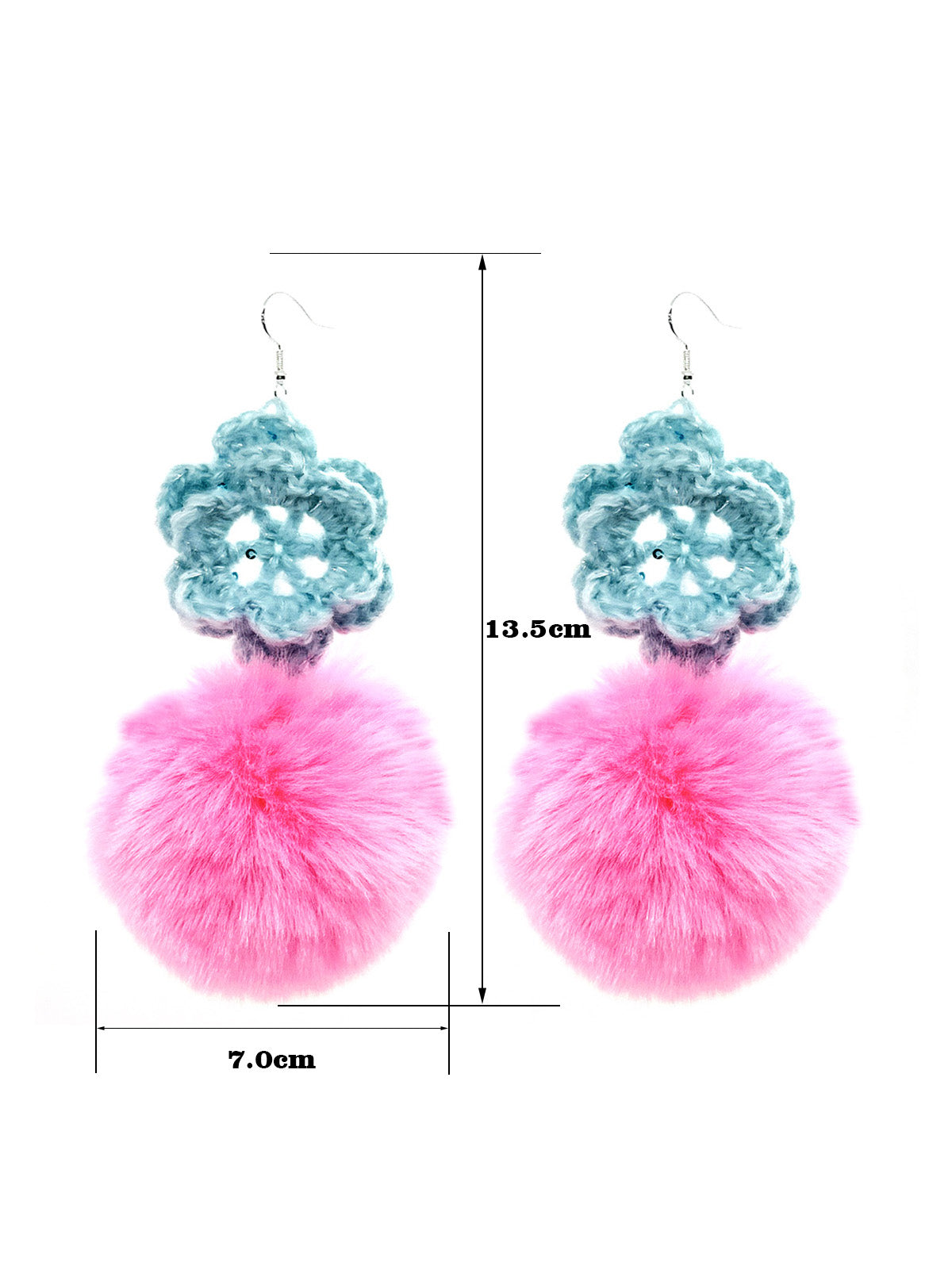 Handmade Crochet Blue Flower & Pink Furry Pom - Pom Dangle Earrings for Women
