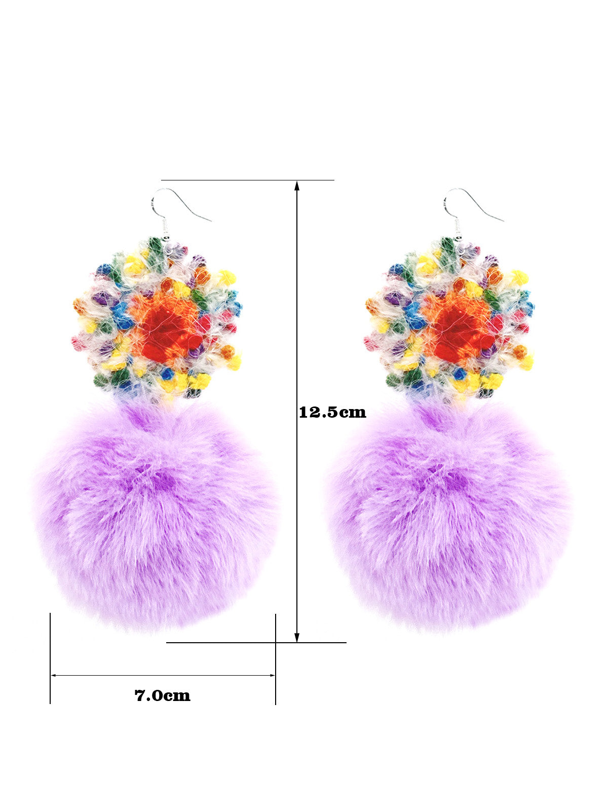Handmade Multicolor Crochet Flower & Lavender Furry Pom - Pom Dangle Earrings