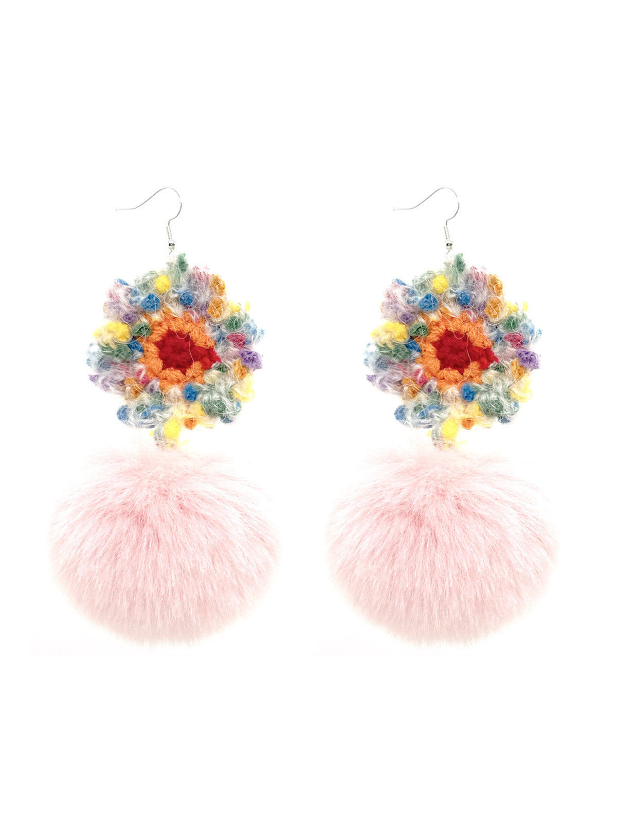 Handmade Multicolor Crochet Flower & Soft Pink Furry Pom - Pom Dangle Earrings