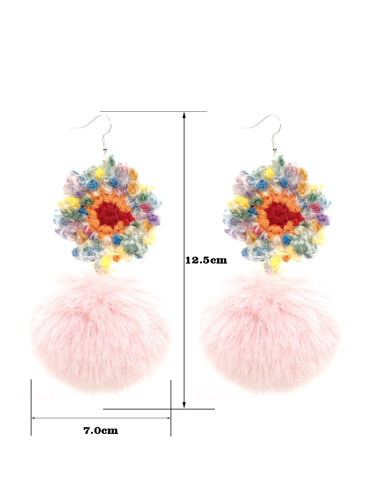 Handmade Multicolor Crochet Flower & Soft Pink Furry Pom - Pom Dangle Earrings