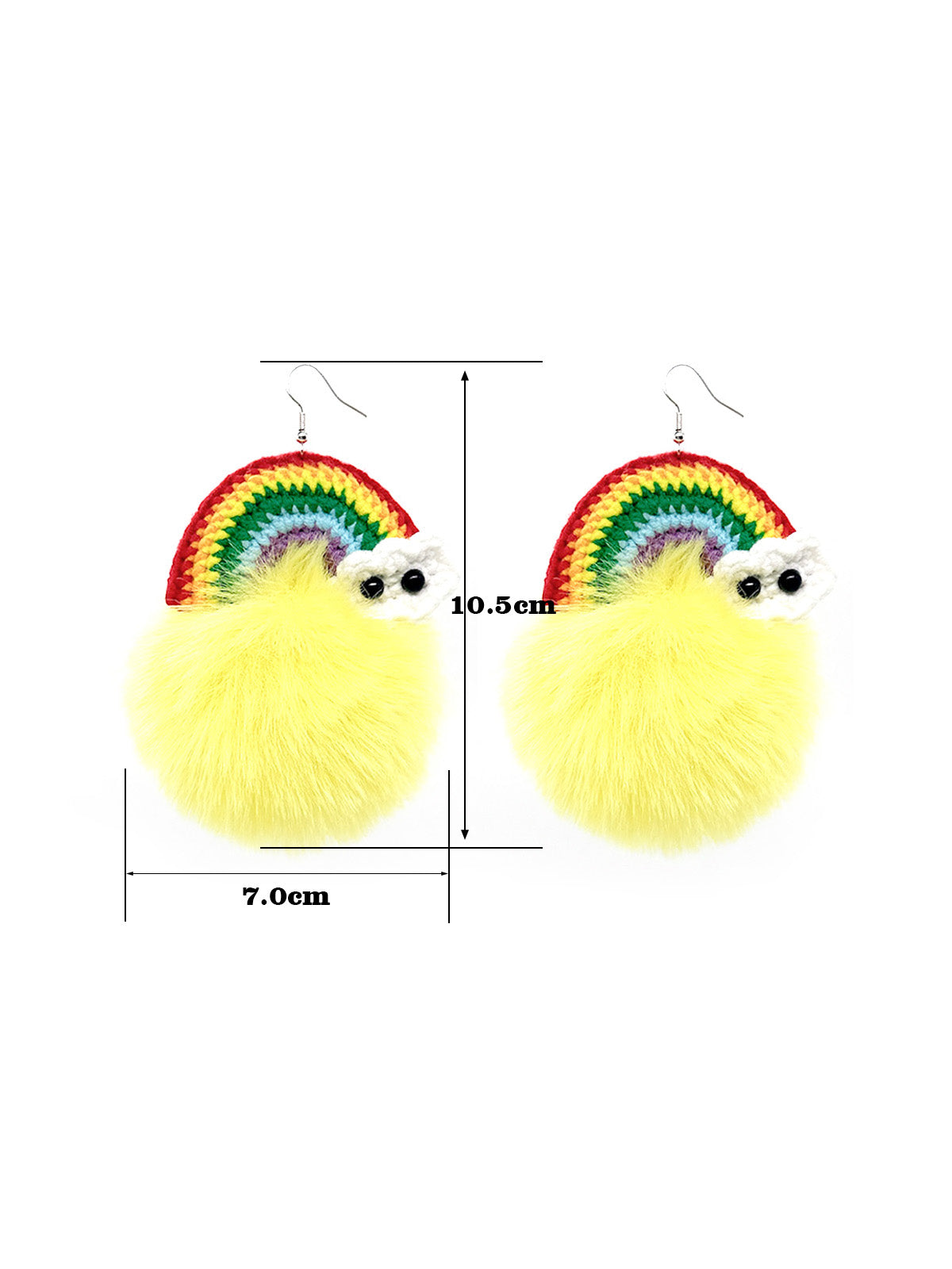 Handmade Crochet Rainbow & Yellow Furry Pom - Pom Dangle Earrings with Cute Cloud Details