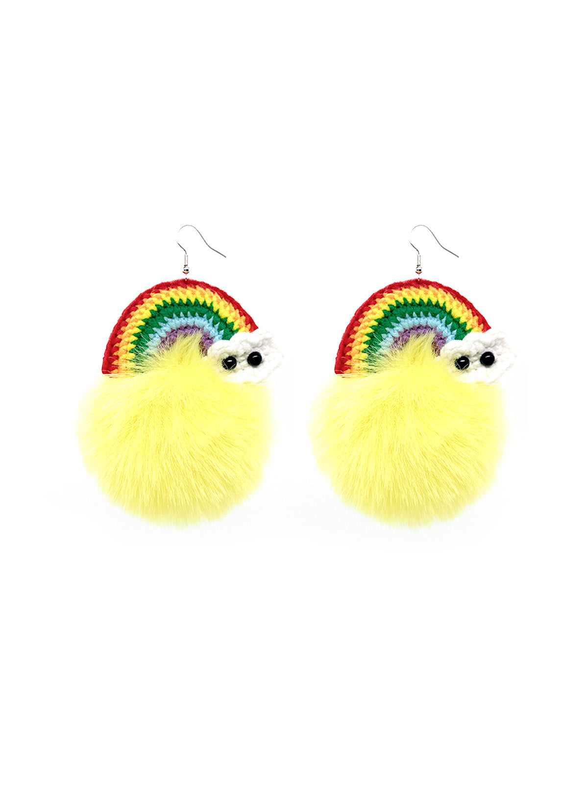 Handmade Crochet Rainbow & Yellow Furry Pom - Pom Dangle Earrings with Cute Cloud Details