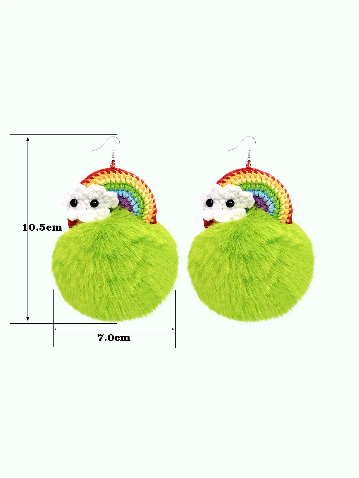 Handmade Crochet Rainbow & Neon Green Furry Pom - Pom Dangle Earrings with Cloud Accents