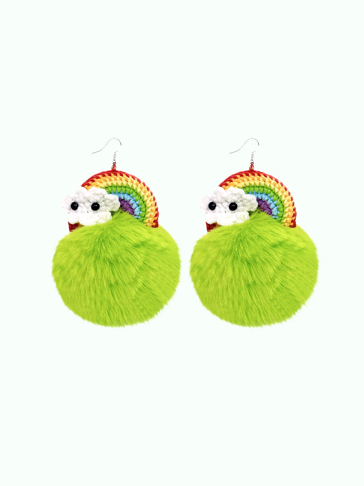 Handmade Crochet Rainbow & Neon Green Furry Pom - Pom Dangle Earrings with Cloud Accents
