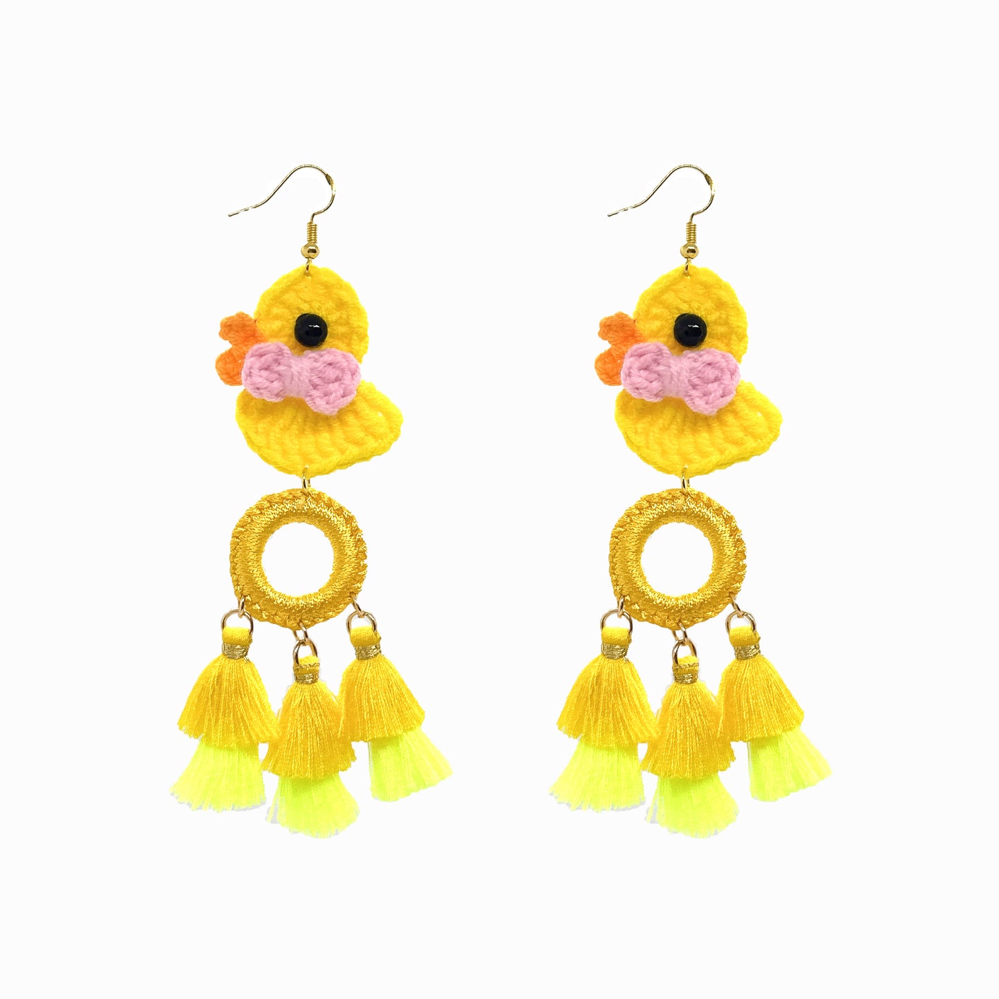 Handmade Crochet Duck Dangle Earrings with Gold Ring and Colorful Tassels