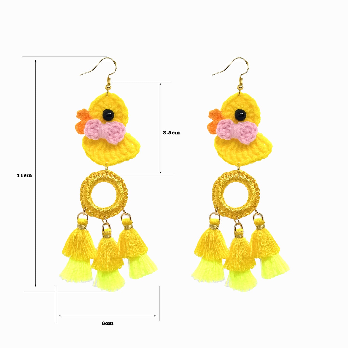 Handmade Crochet Duck Dangle Earrings with Gold Ring and Colorful Tassels