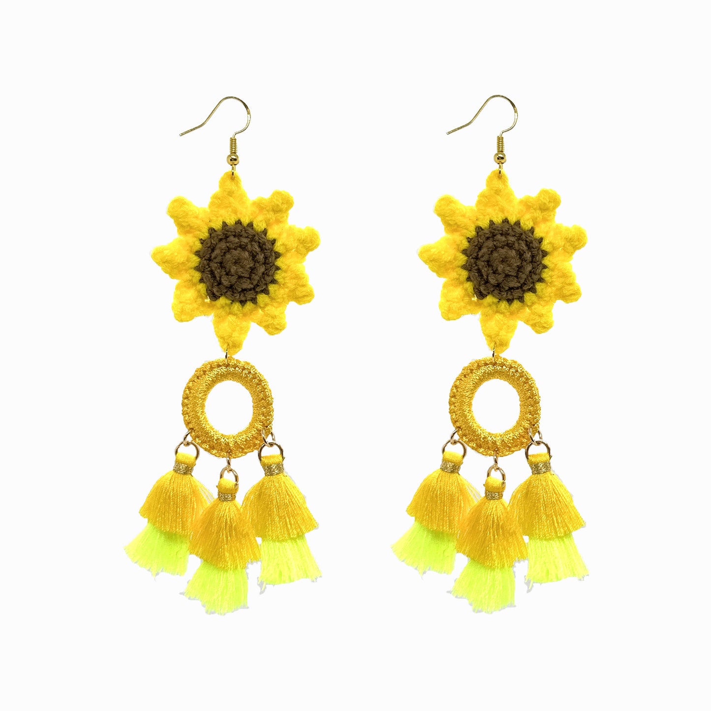 Handmade Crochet Sunflower Dangle Earrings with Gold Ring & Neon - Trimmed Tassels