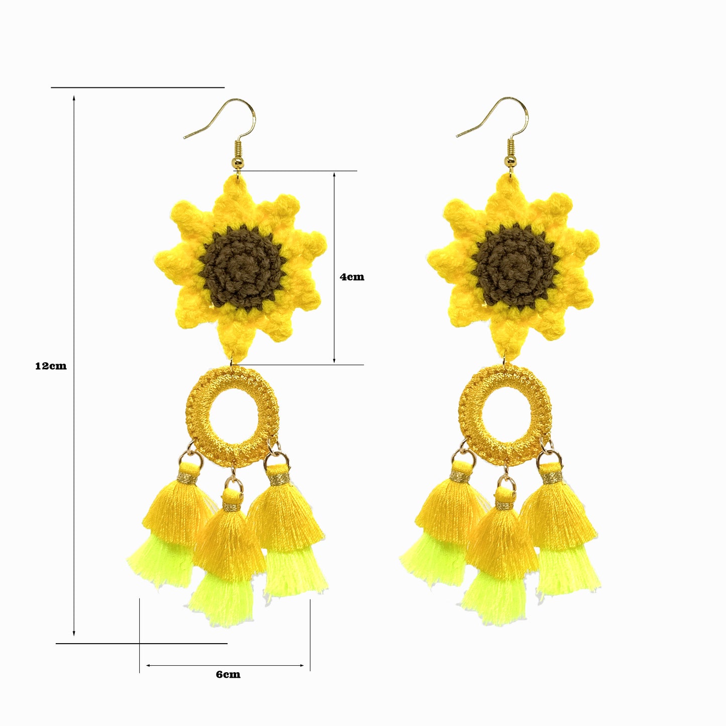 Handmade Crochet Sunflower Dangle Earrings with Gold Ring & Neon - Trimmed Tassels