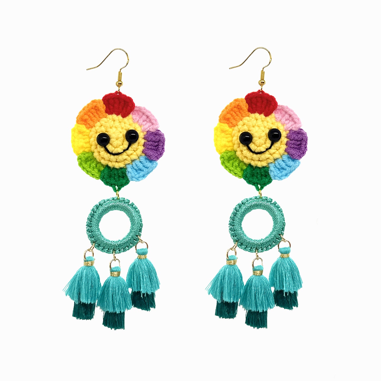 Handmade Crochet Rainbow Smiley Flower Dangle Earrings with Teal Tassels