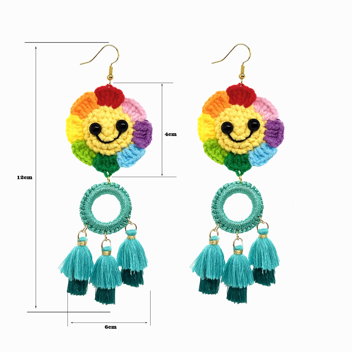 Handmade Crochet Rainbow Smiley Flower Dangle Earrings with Teal Tassels