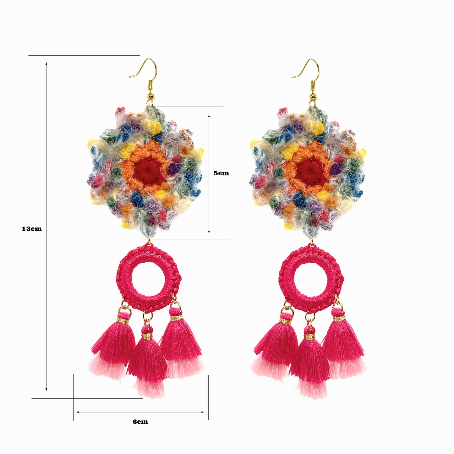 Handmade Multicolor Crochet Flower Dangle Earrings with Pink Tassels