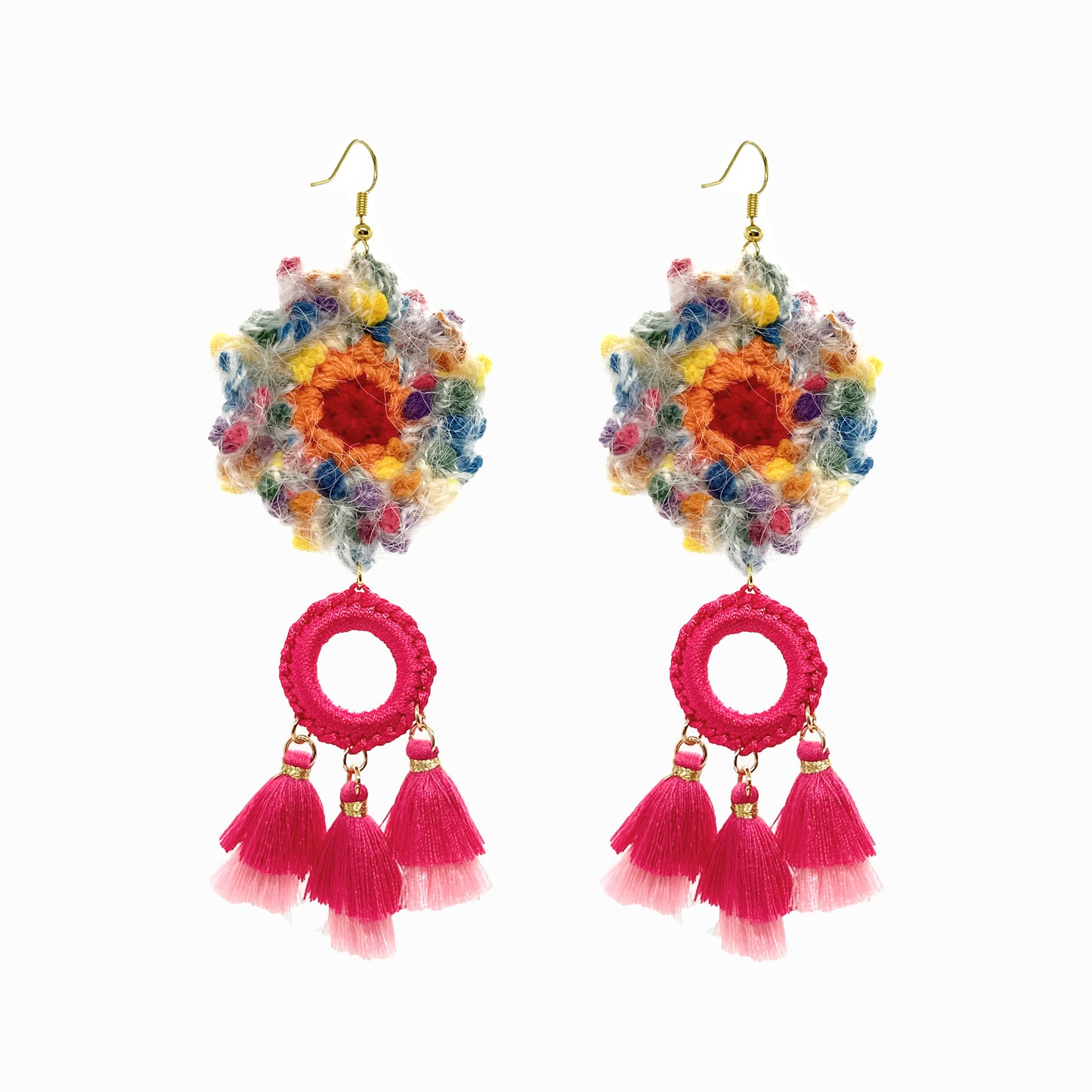 Handmade Multicolor Crochet Flower Dangle Earrings with Pink Tassels