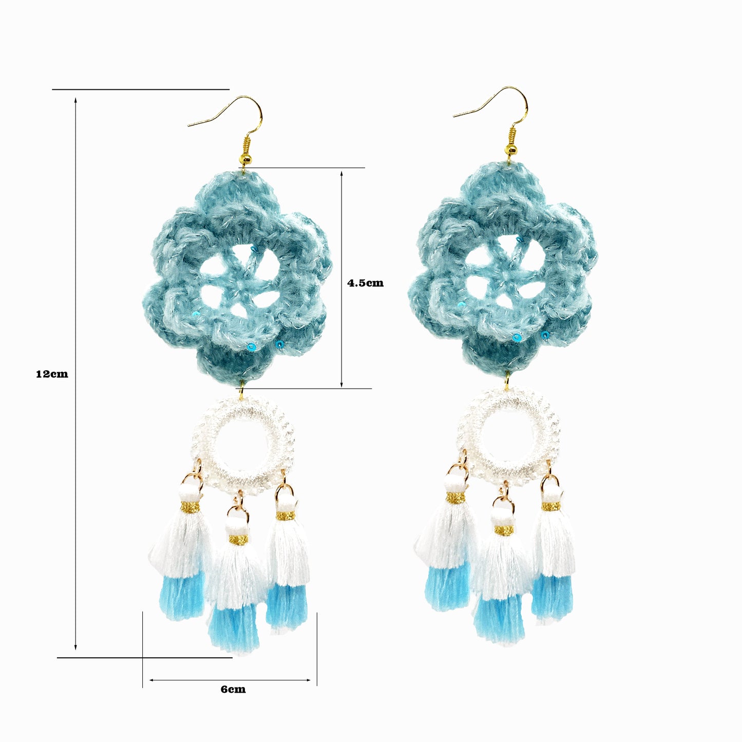 Handmade Crochet Blue Flower Dangle Earrings with White - Blue Tassels