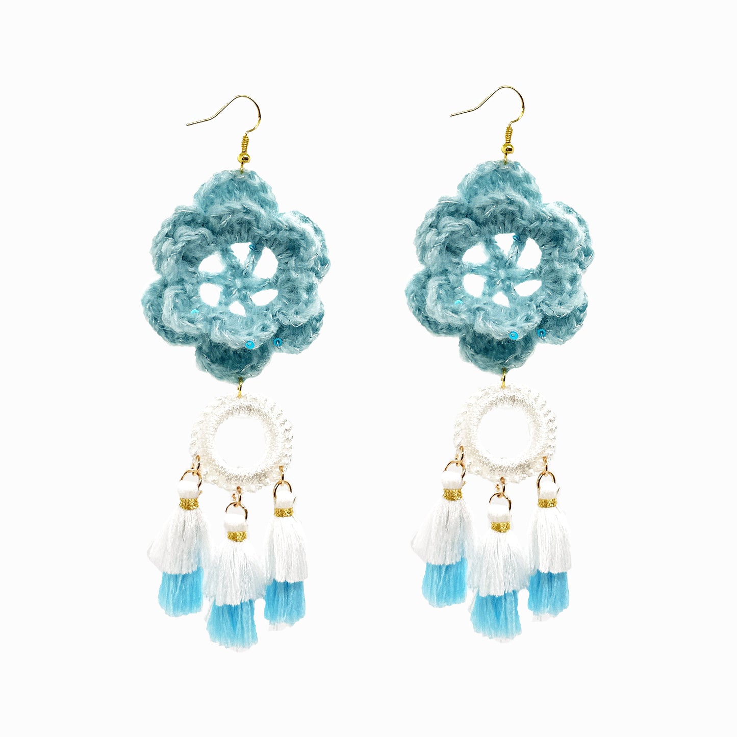 Handmade Crochet Blue Flower Dangle Earrings with White - Blue Tassels