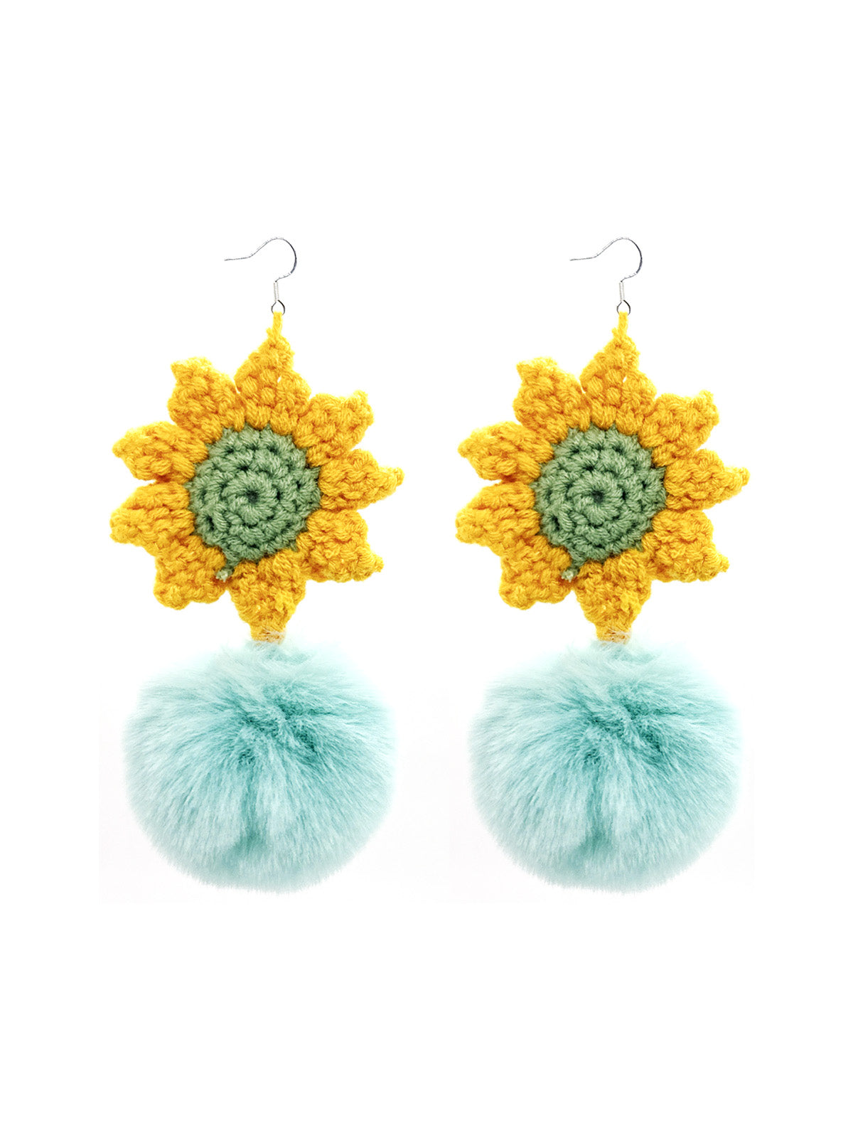 Handmade Crochet Sunflower & Pastel Blue Furry Pom - Pom Dangle Earrings for Women