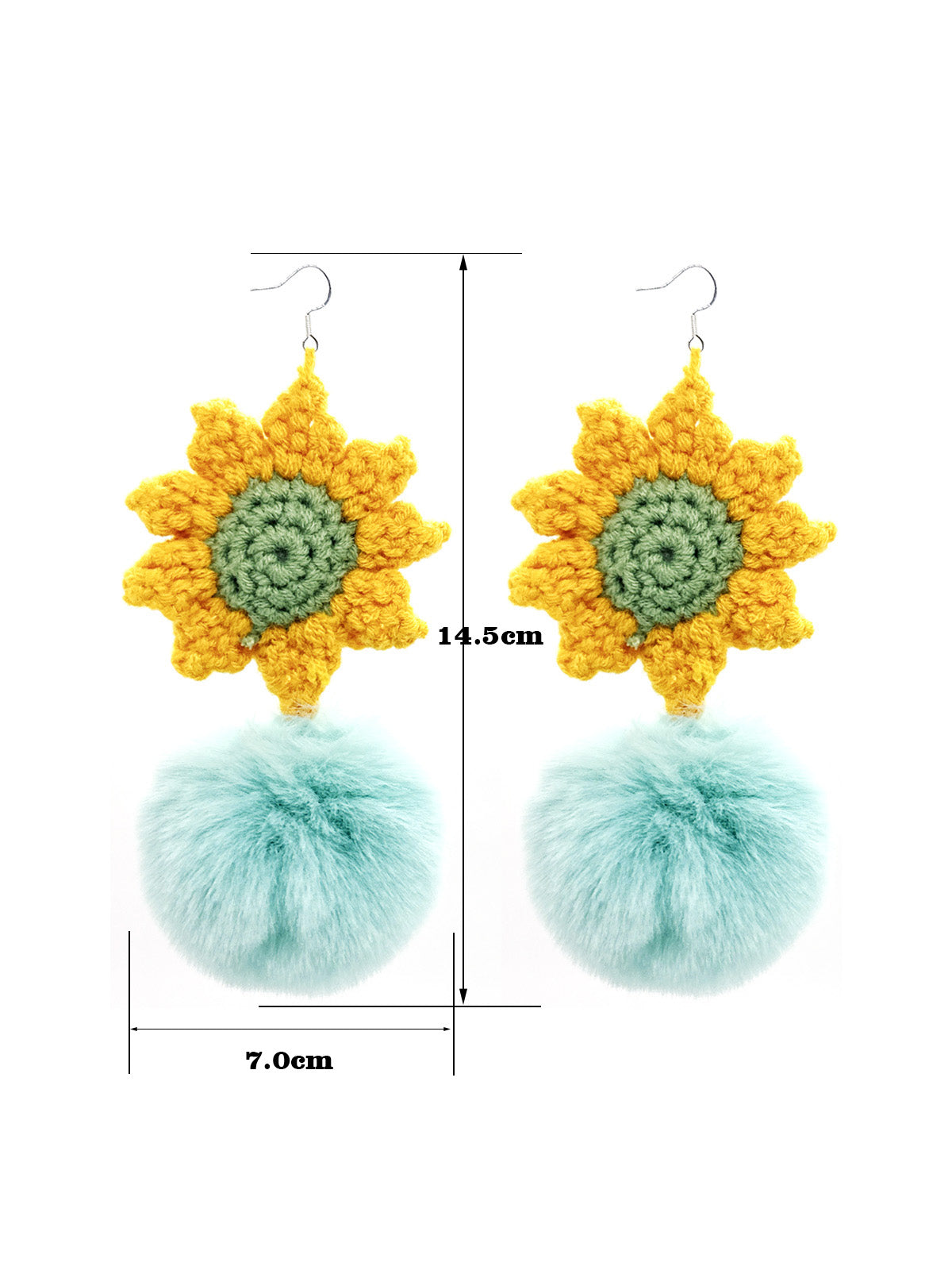 Handmade Crochet Sunflower & Pastel Blue Furry Pom - Pom Dangle Earrings for Women