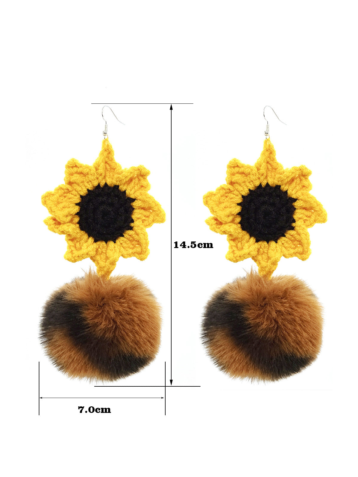 Handmade Crochet Sunflower Dangle Earrings with Brown & Black Furry Pom - Poms